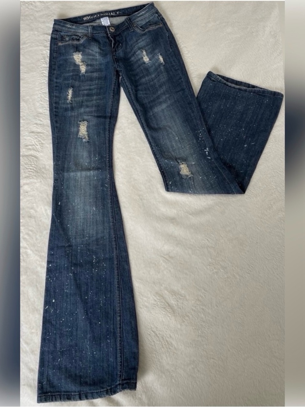 Y2K Destroyed Low Rise Flare Jeans Denim Paint Splatter Distressed Cyber Grunge